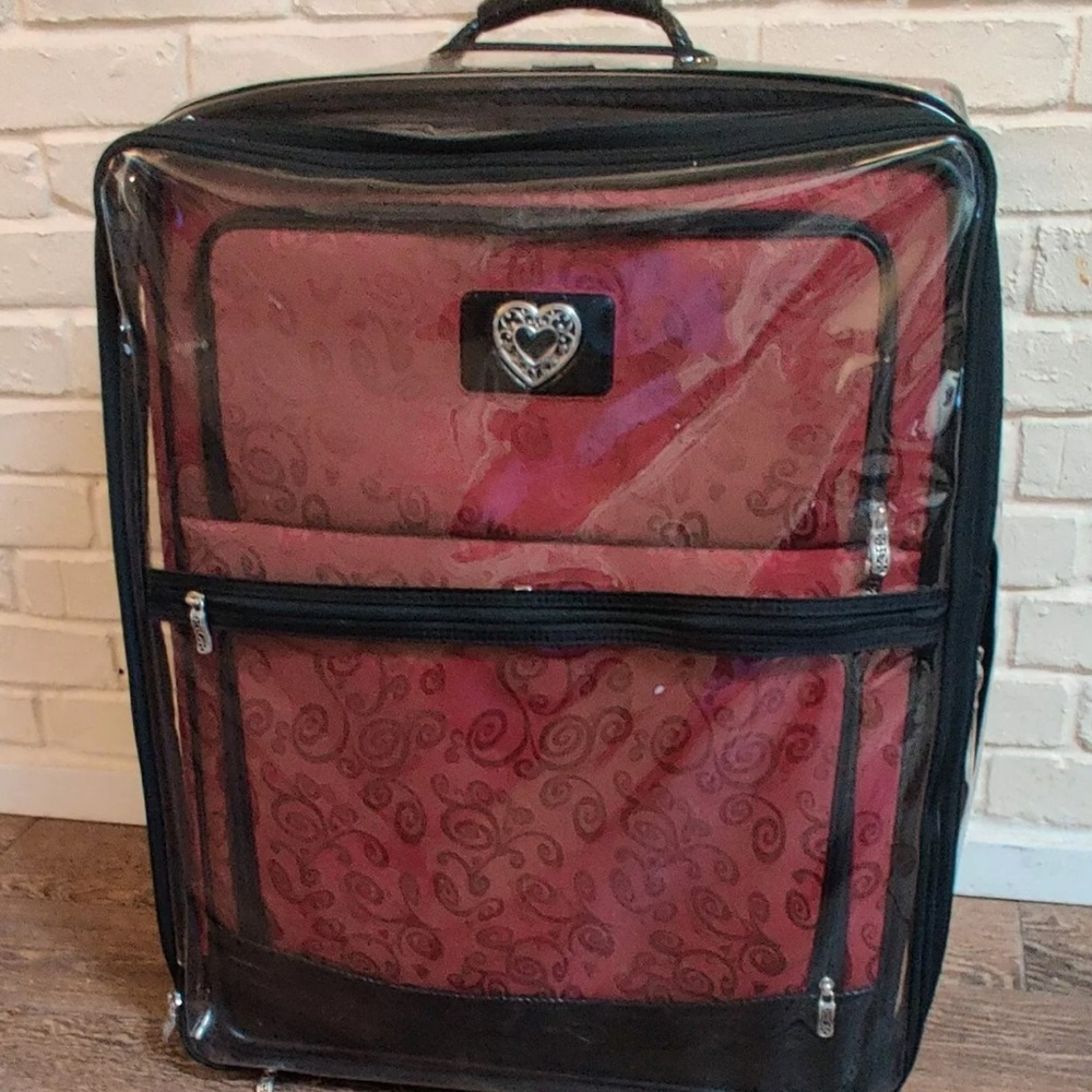 Brighton Red Black LeatherSuitcase Luggage EUC Large Rolling Suitcase Protector